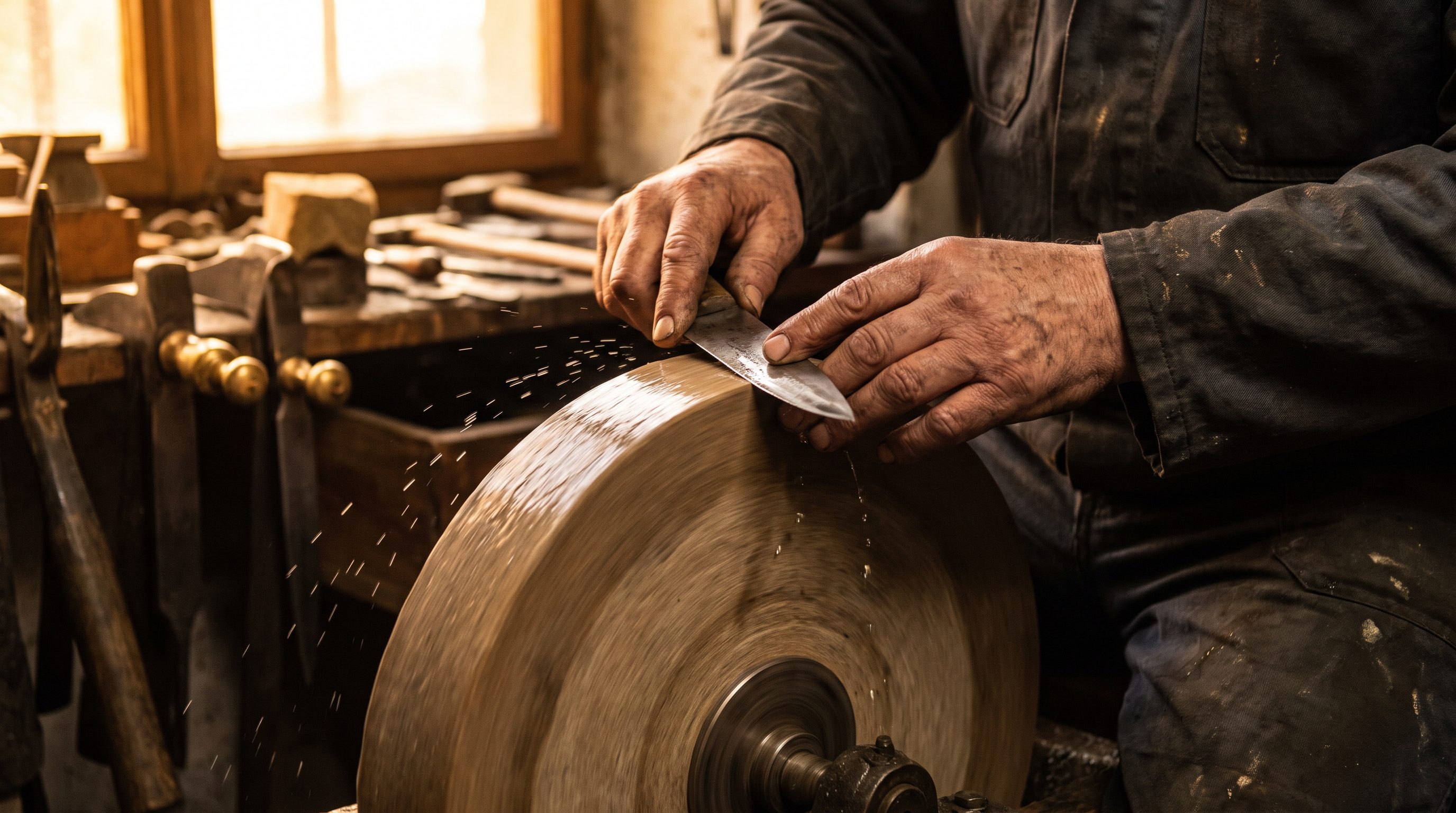 Hand-finishing a blade on a traditional Italian grinding wheel